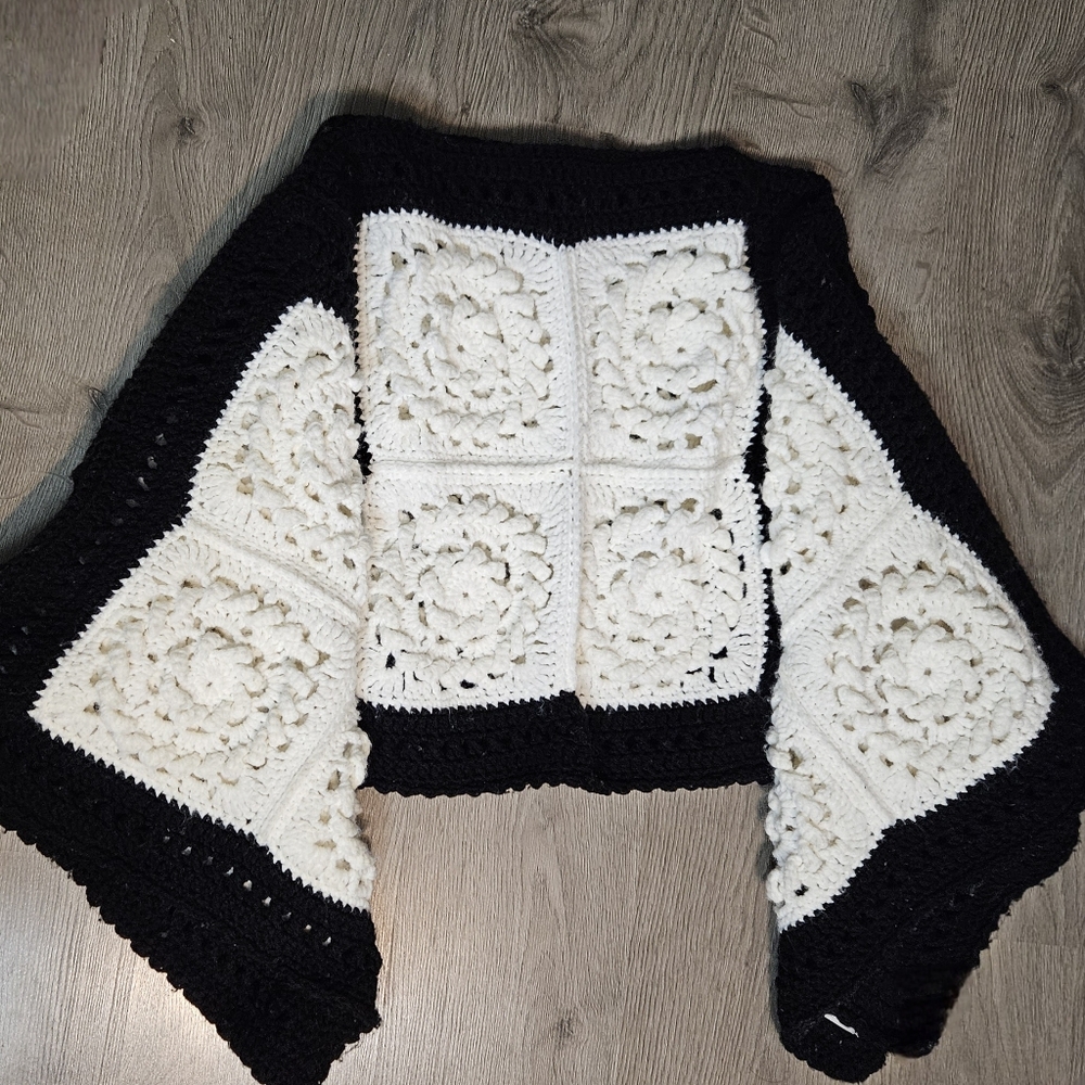Elegant Black and White Crochet Poncho
